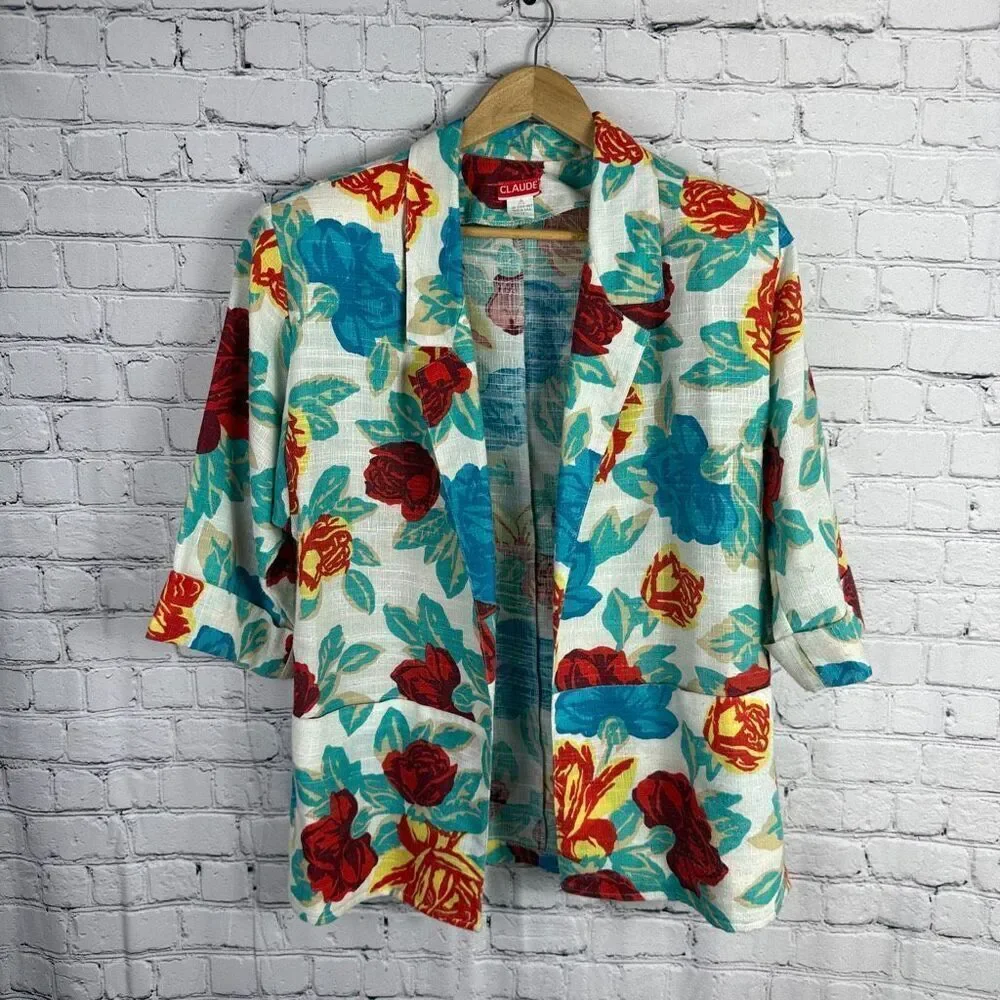 Vintage Linen Floral Blazer Union Made in the USA Size Large 11/12
